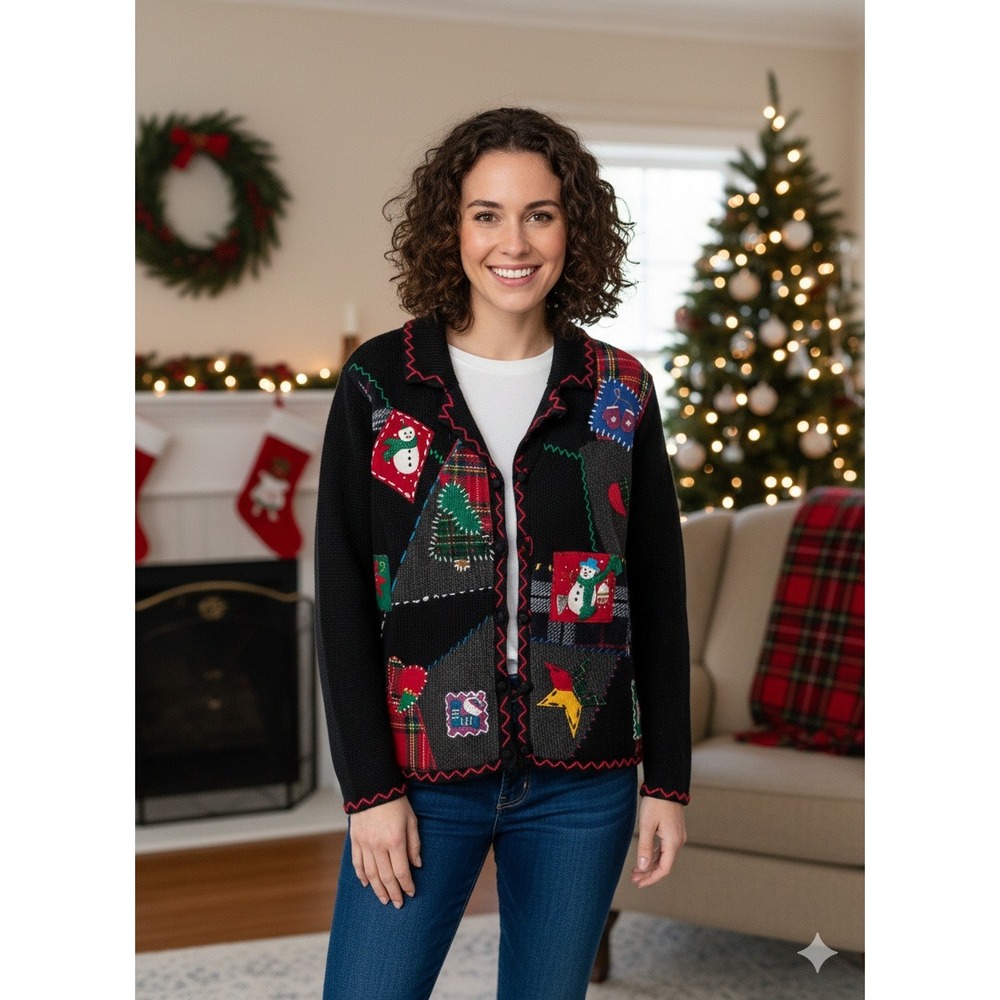 Vintage‎ Patchwork Ugly Christmas Sweater 90s Teacher WomensPetite L